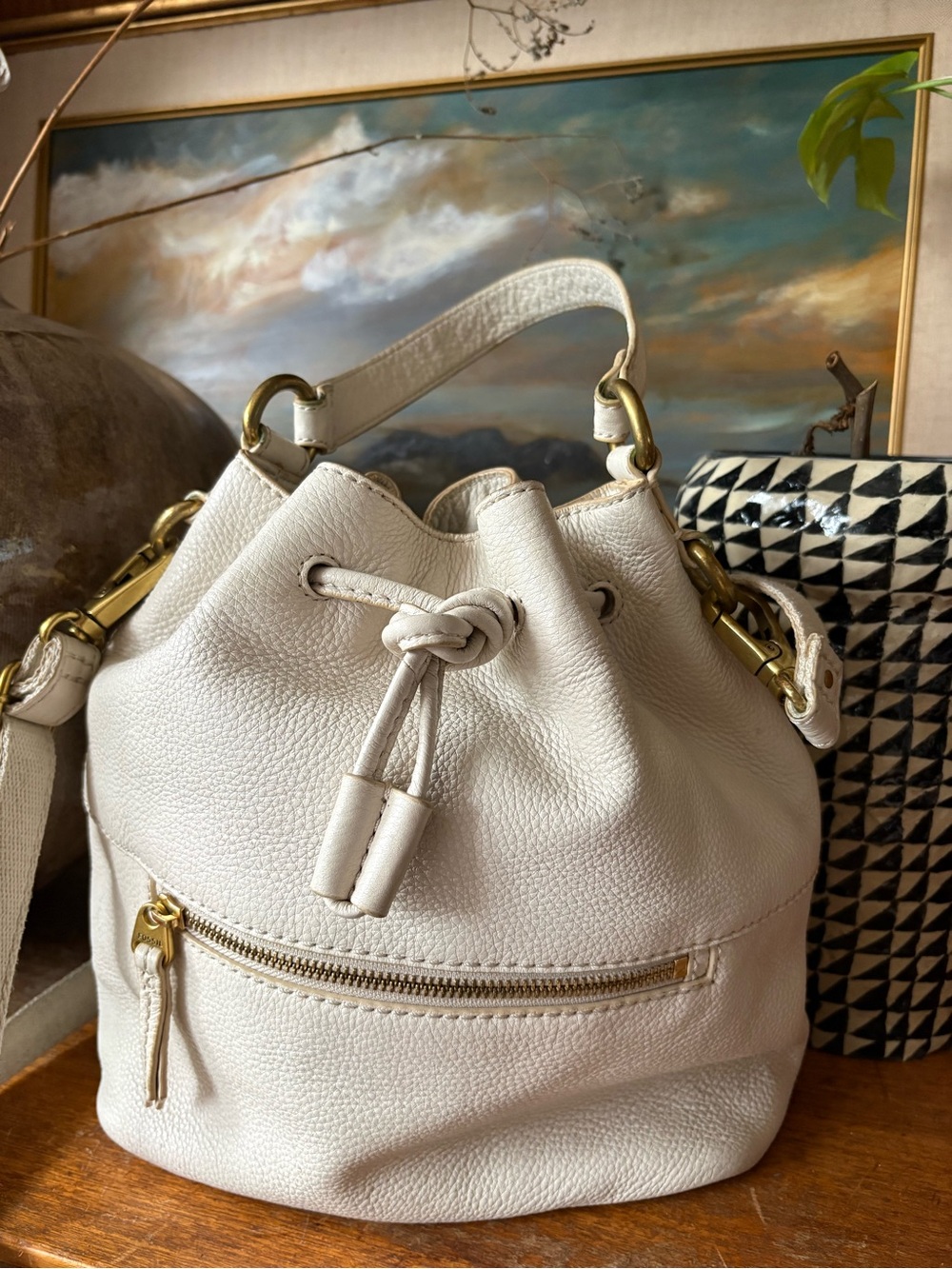 Fossil Ecru Pebbled Leather Bucket Bag